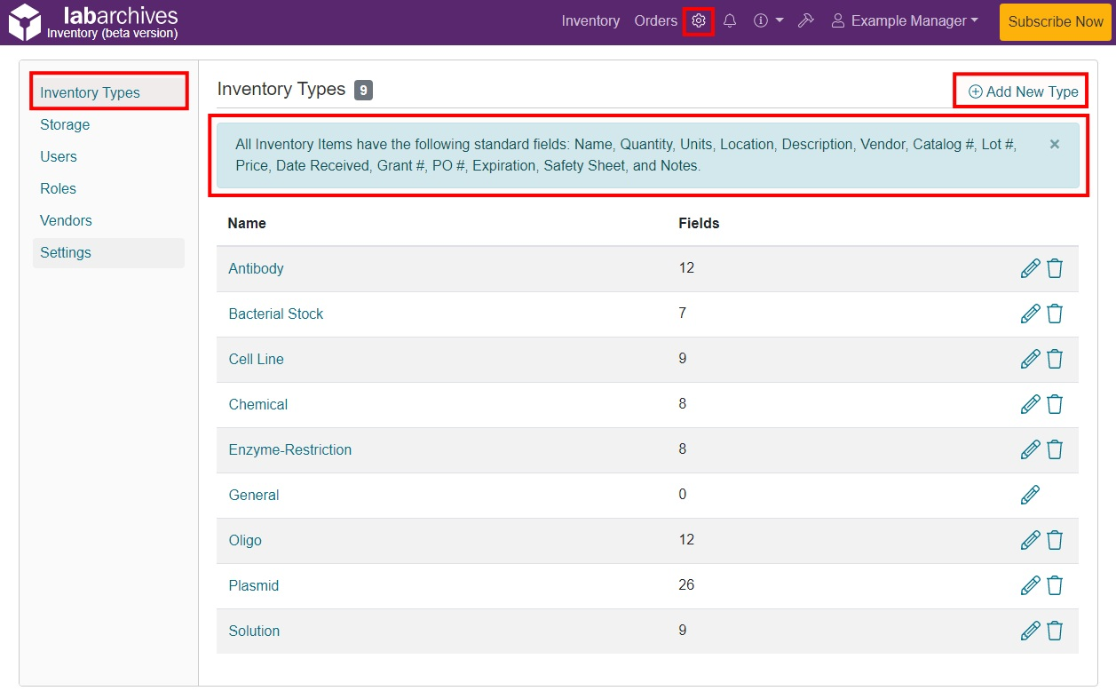 Inventory Types LabArchives