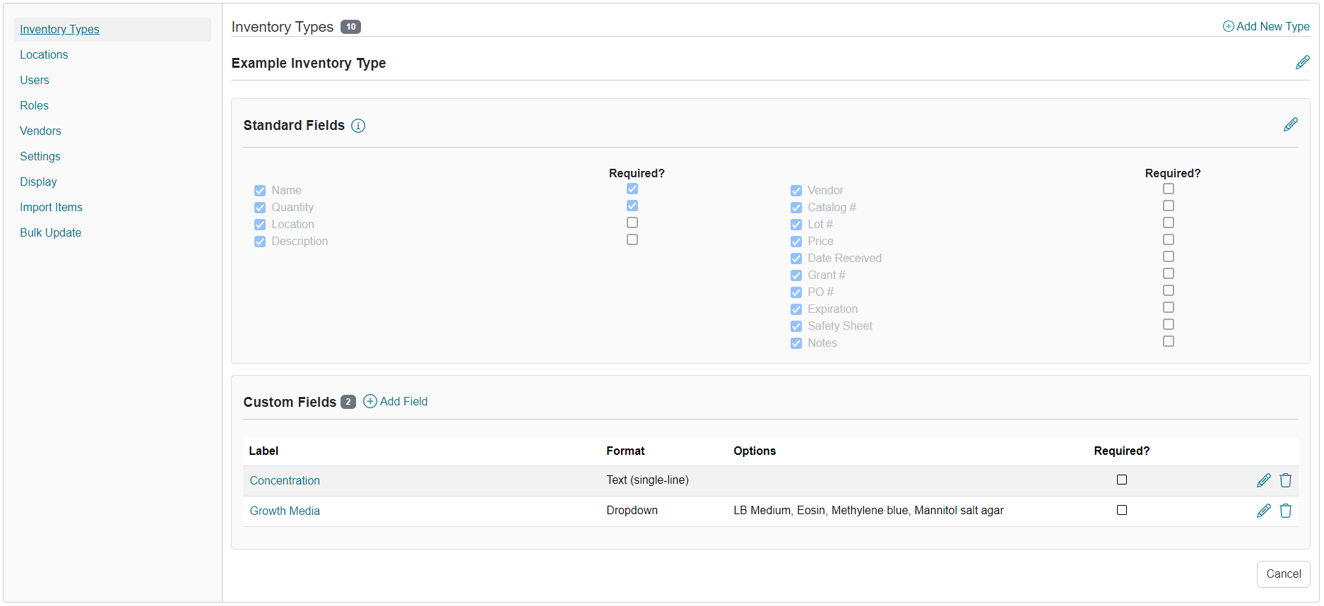 Inventory Types LabArchives