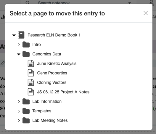 Select a page to move the entry to