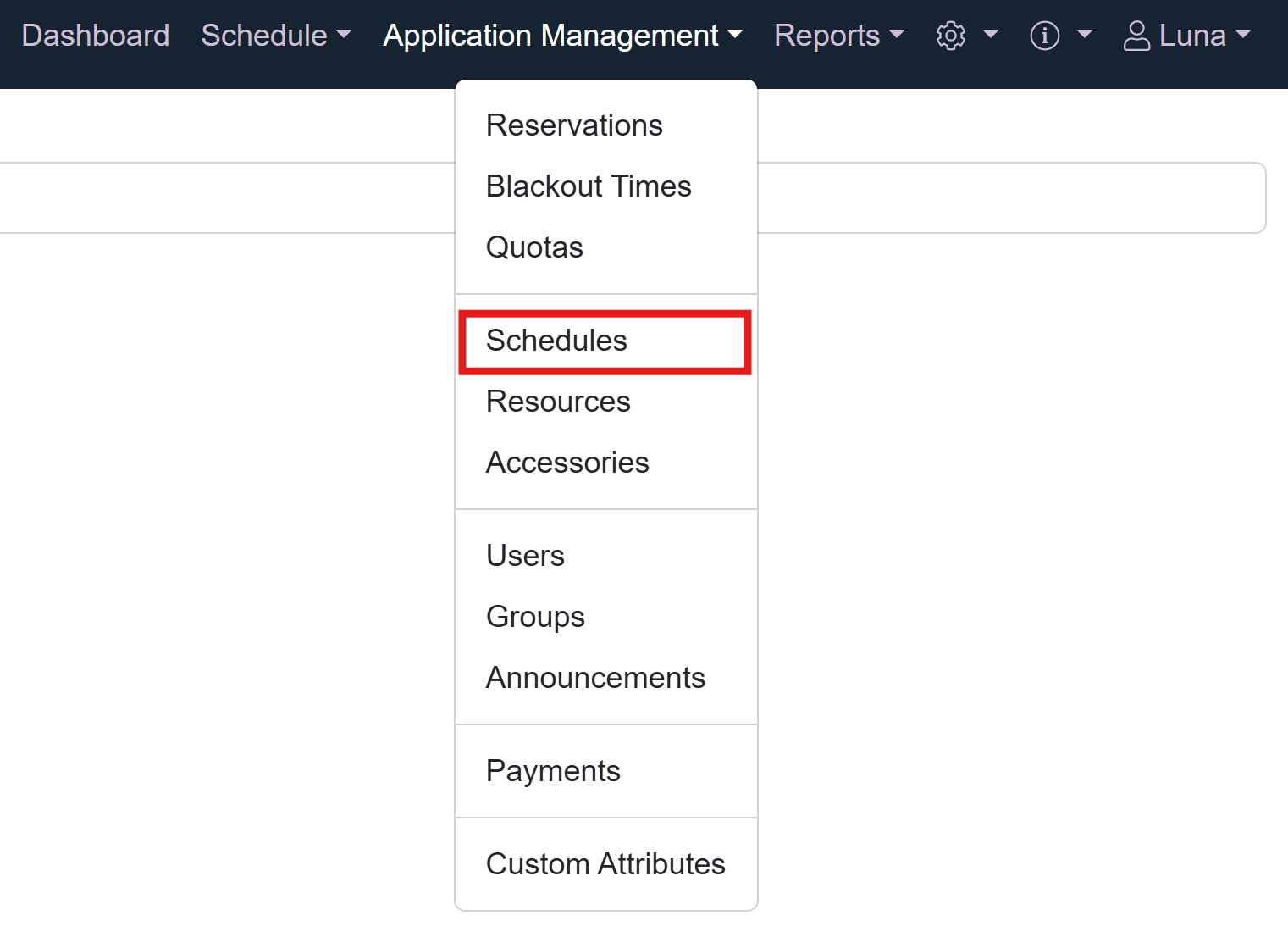Schedules in Application Management Menu
