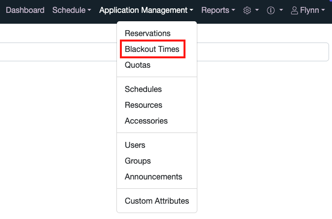 Blackout Times on Application Management Menu
