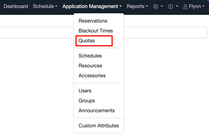 Quotas in the Application Management Menu