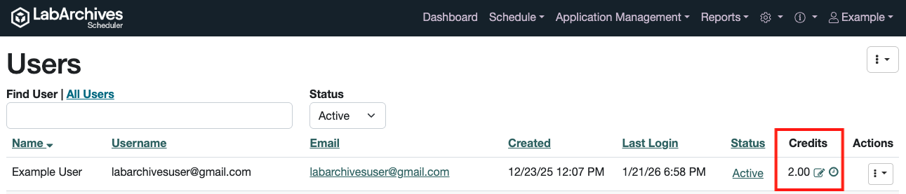 Credits Shown in the User Page