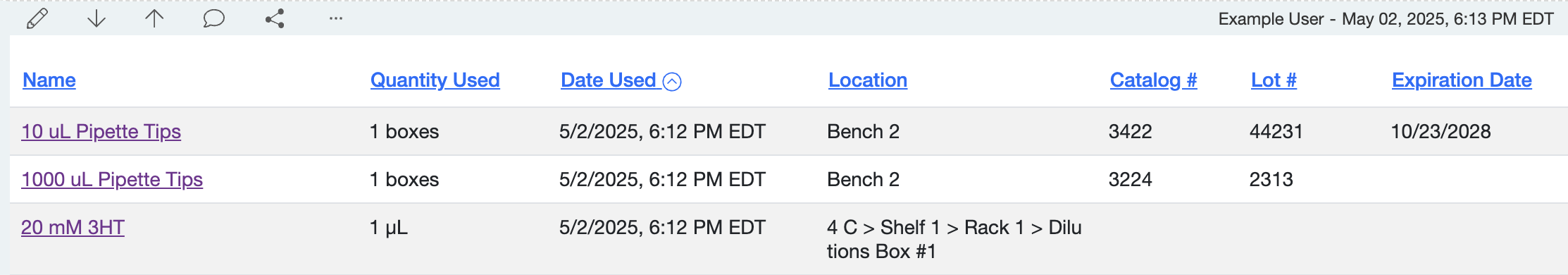 Saved Inventory List entry with timestamp