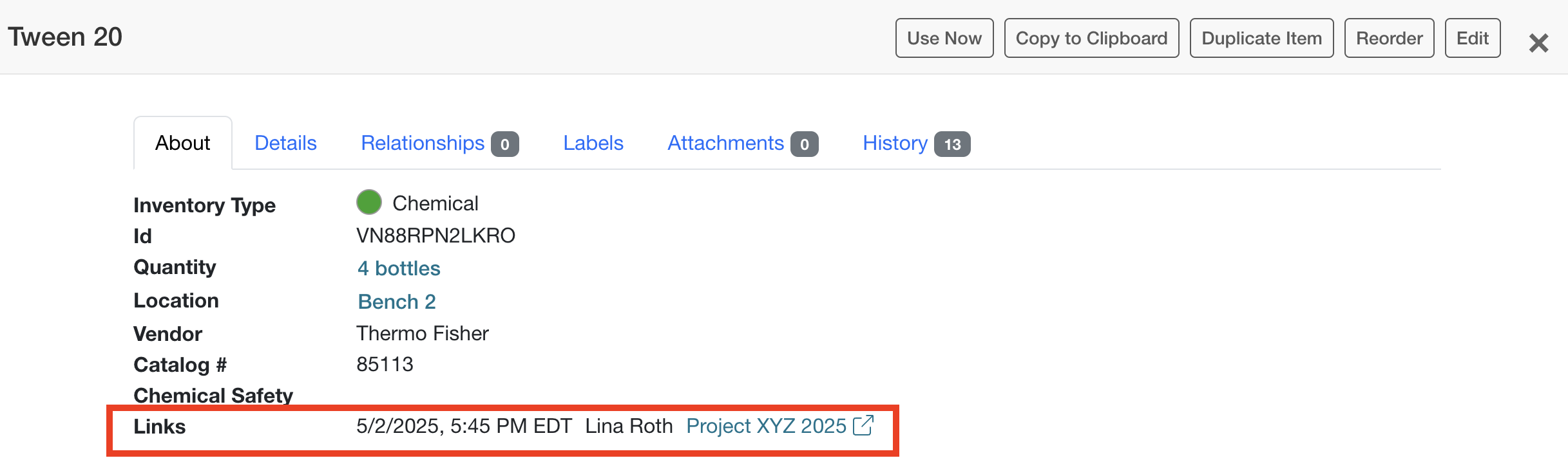 Details page showing link from inventory item to related notebook entry